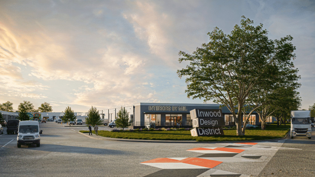 Architectural upgrades and refreshed facades reframe the Inwood Design District's industrial bones with modern curb appeal and immersive art elements. (Courtesy of M2G Ventures)