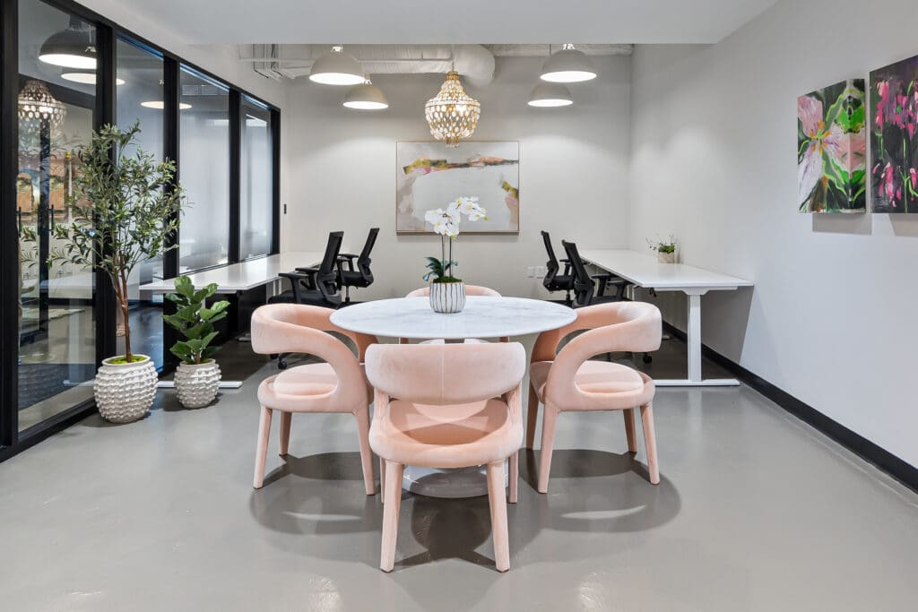 The Maven at Sundance Square offers thoughtfully designed spaces like this one, where soft tones and modern touches make it easy to settle in and get to work. (Photo by LanCarte Commercial Real Estate)