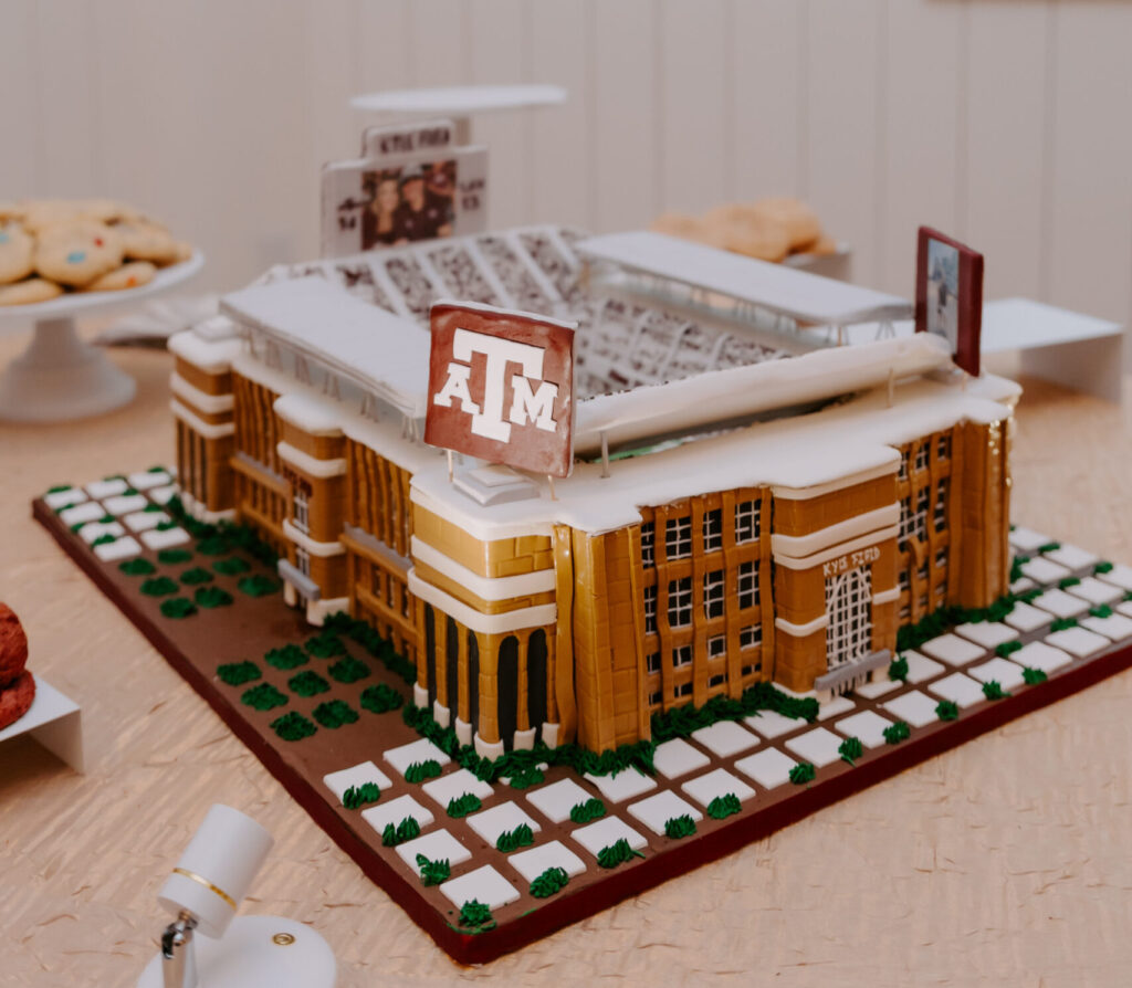 Sims wedding Blue Magnolia A&M cake (Photo by Emma Cate McNew Photography)