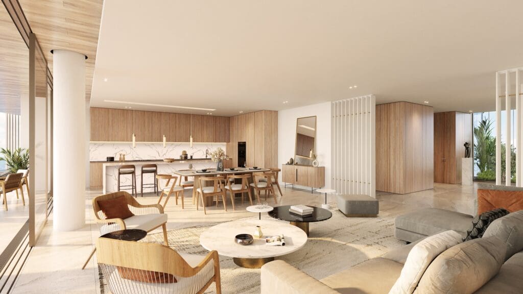 Rendering of an Ocean House residences living room at the Mandarin Oriental Grand Cayman. 