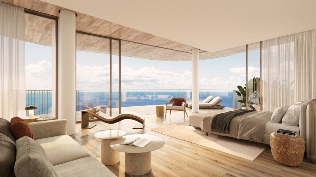 A rendering of the fabulous view from the bedroom of one of the Ocean House residences at the Mandarin Oriental Grand Cayman.