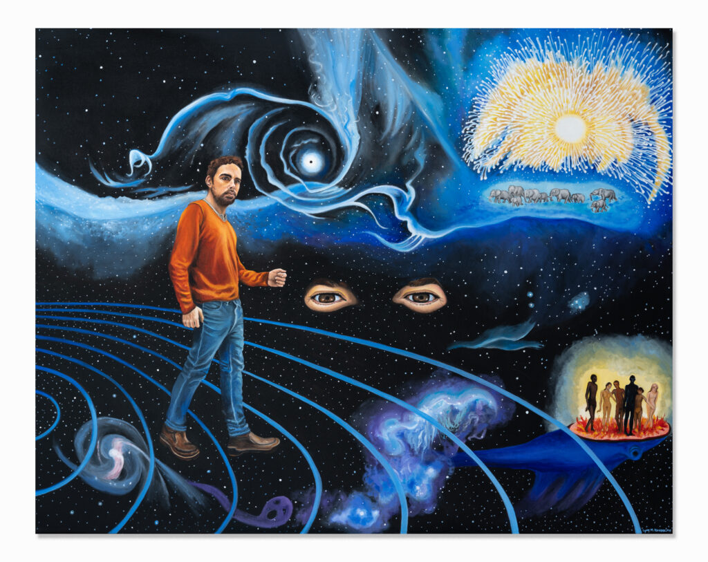 Lynn Randolph’s “Seeker Searching for Forbidden Zones,” 2019, at Kirk Hopper Fine Art