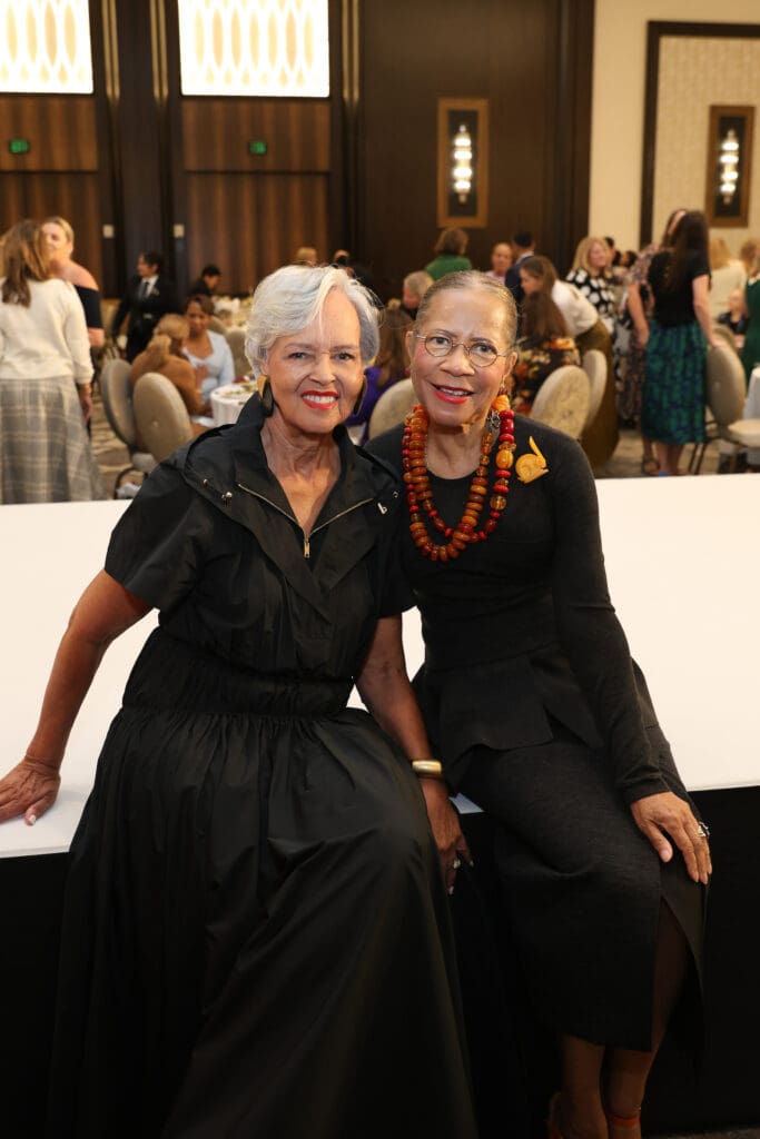 Past Hall of Fame honorees Gayla Gardner, Merele Yarborough at the PaperCity Philanthropy in Fashion Best Dressed luncheon. (Photo by Priscilla Dickson)