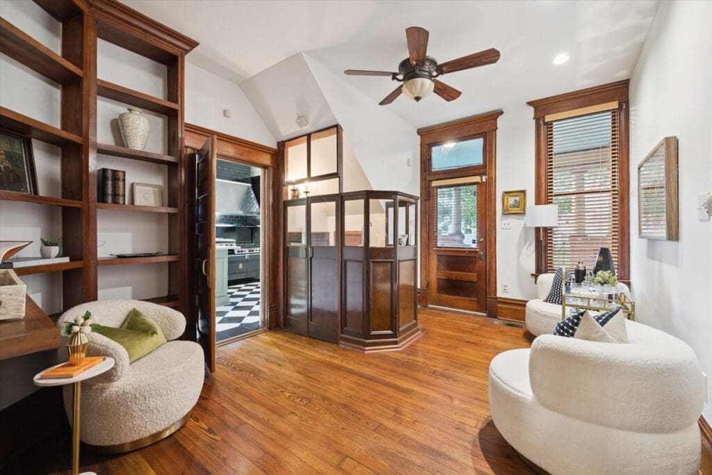 The wet bar at 1011 Heights Blvd. is actually  a vintage train station booth. (Photo by TK Images)