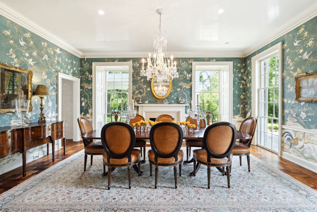 The formal dining room of the River Oaks mansion at 4019 Inverness is listed for $15M by Kirsten Abney and Chaille Short of Better Homes and Gardens Real Estate Gary Greene.