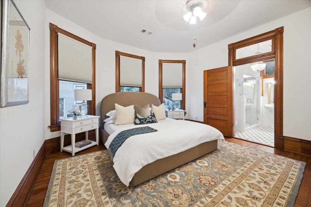 One of three bedrooms, each with a bath, in the home which is on the National Register of Historic Places (Photo by TK Images)