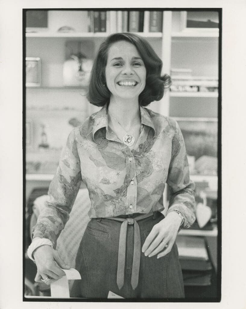 Gallerist Betty Moody is pictured wearing a Pebworth pendant designed by artist Charles Pebworth in 1978. (Photo courtesy Moody Gallery)