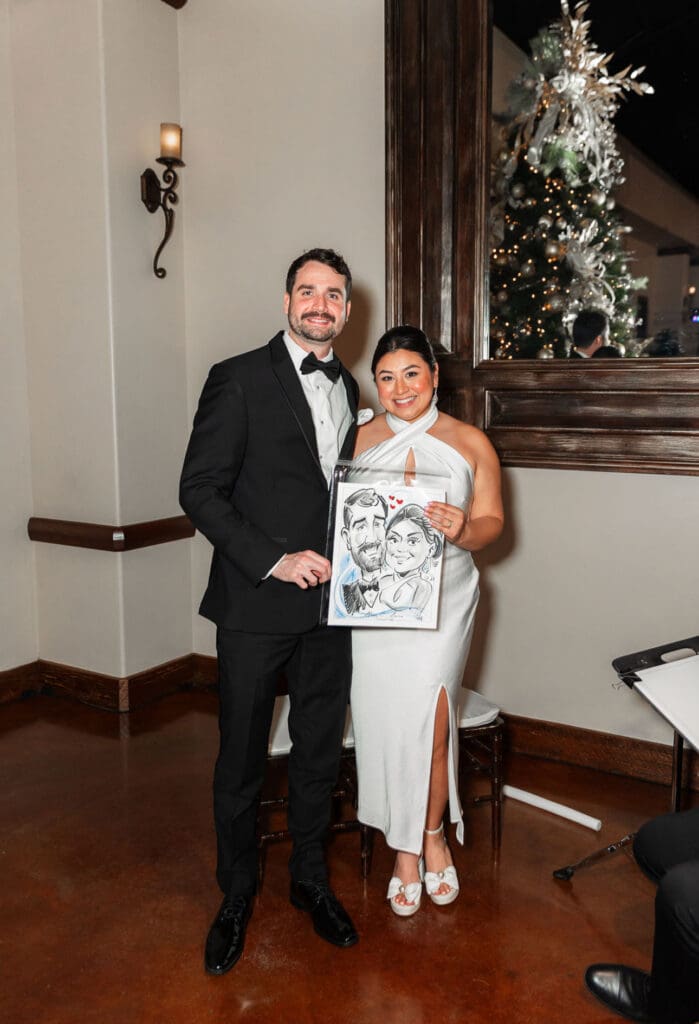 The wedding had a classic black-and-white theme with elegant gold accents woven into the details, as Christmas is a favorite for the couple.