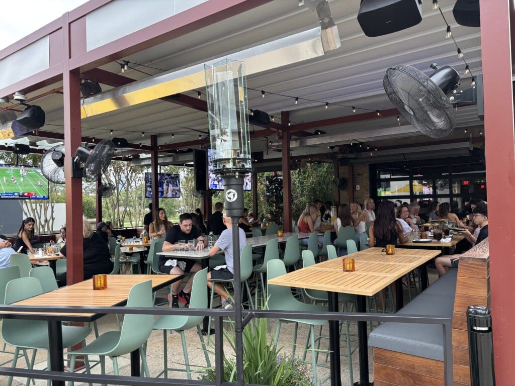 Fans and heaters keep patio diners comfortable at Local Public Eatery. (Photo by Laura Landsbaum)