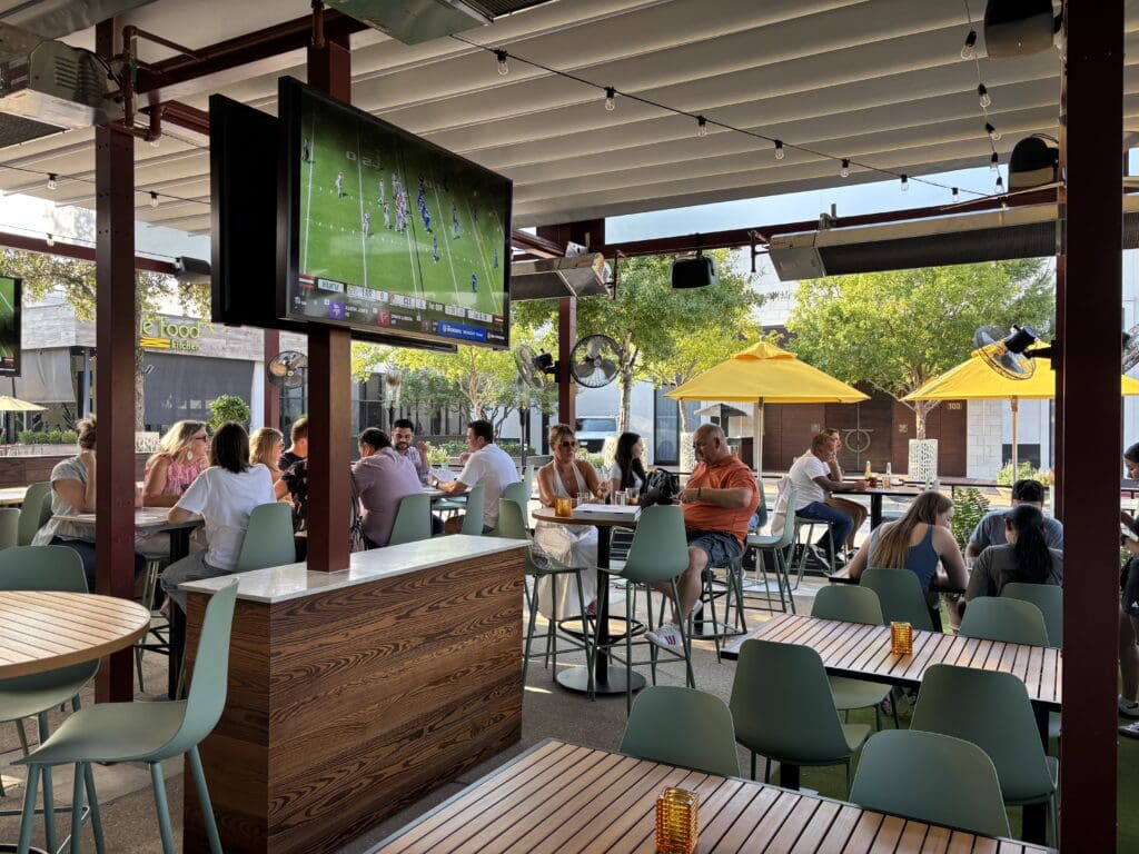 A retractable patio roof at Local Public Eatery is outdoor dining at its finest on Market Street. (Photo by Laura Landsbaum)