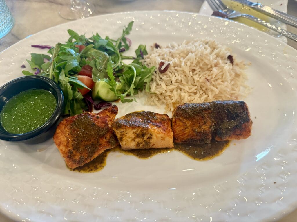 The salmon souvlaki is a must-order on Elia Greek Tavern's menu. (Photo by Megan Ziots)