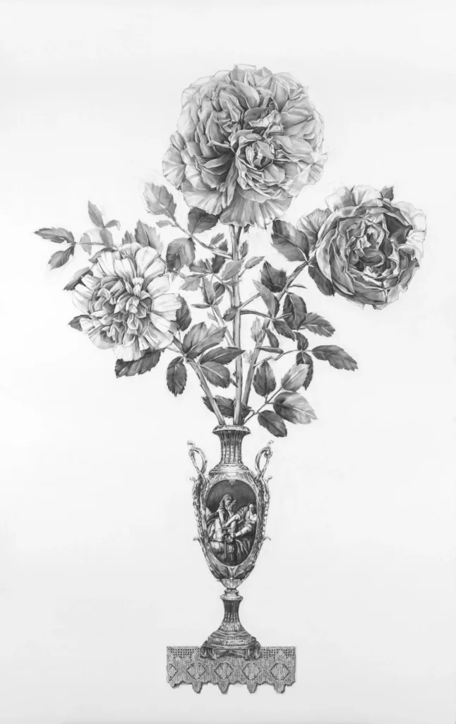 Heidi Vaughan’s "Judith and friend" (2025) renders roses and an ornate vase in graphite, balancing delicacy with monumental presence. (Photo by Paul Hester, courtesy Heidi Vaughan)