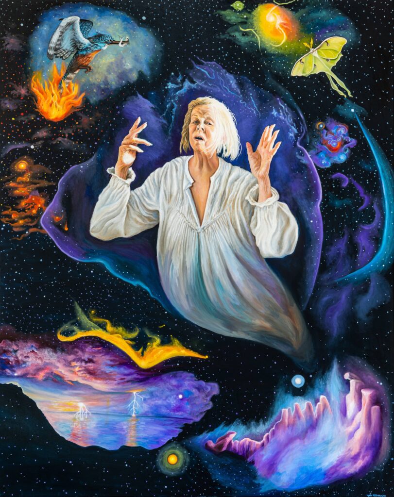 Lynn Randolph's "Illuminated By Holy Light," 2021, at Kirk Hopper Fine Art 