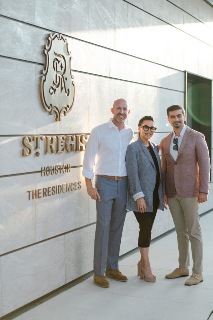 Mike Mahlstedt, Nina Magon, Noiz Bhaman at the party opening the sales gallery of the St. Regis Residences (Photo by Matthew Rood)