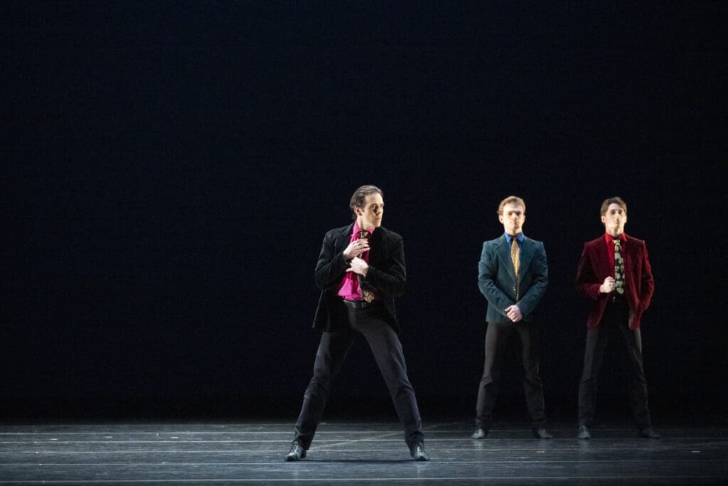Houston Ballet Principal Connor Walsh, Demi Soloist Jack Wolff and Corps de Ballet Dancer Alejandro Molina León in Christopher Bruce’s "Rooster" (Photo by Alana Campbell. Courtesy Houston Ballet.)