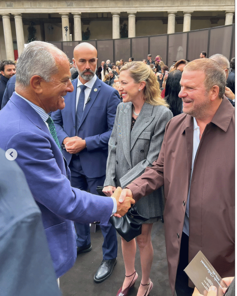U.S. Ambassador to Italy Tilman Fertitta and wife Lauren visit with the Ferragamo family during Milan's Womenswear Spring/Summer 2026 fashion week. (Photo by Instagram)