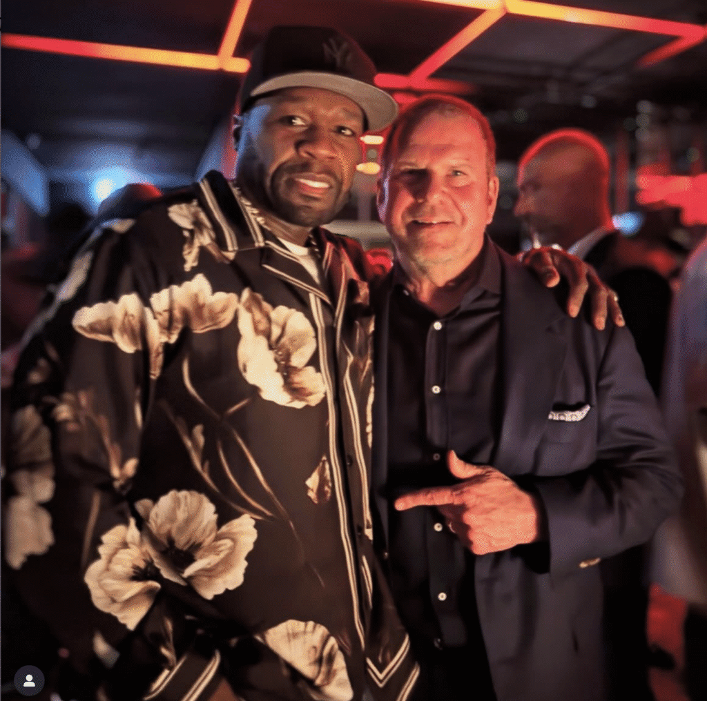 50 Cent (aka Curtis James Jackson III) and Ambassador Tilman Fertitta caught up with one another during Milan Spring/Summer 2026 fashion week. (Photo by Instagram)