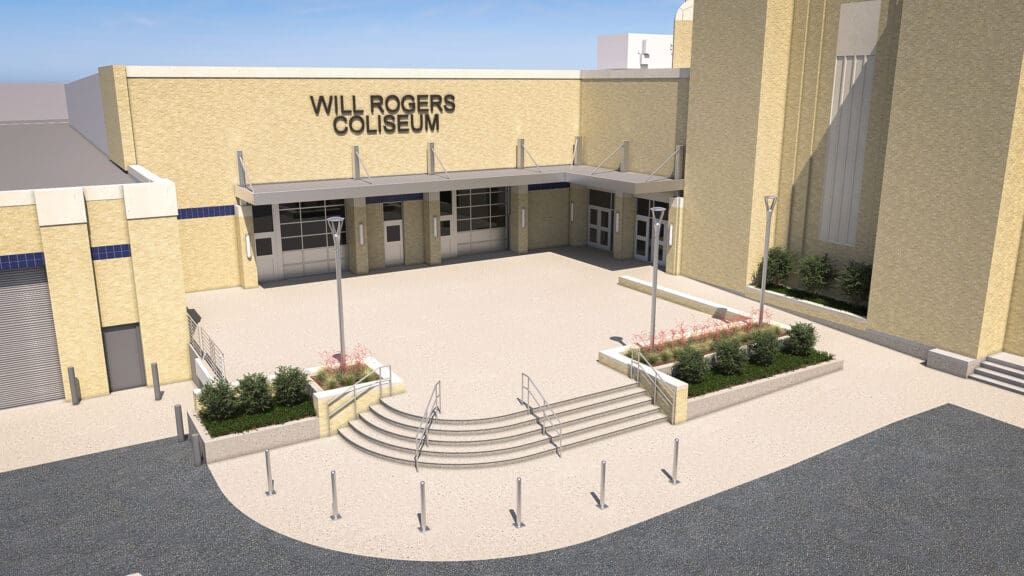 The west entrance of Will Rogers Coliseum will soon reveal its original Art Deco character with a refreshed façade, historically accurate doors, and improved public space design. The first phase of renovations is on track to wrap in late November. (Courtesy)