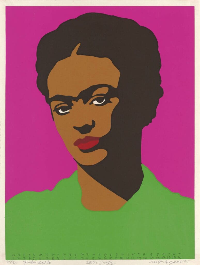 Rupert García's "Frida Kahlo (September), from Galeria de la Raza 1975 Calendario" 1975, at the Museum of Fine Arts, Houston (© Rupert García, courtesy Rena Bransten Gallery, San Francisco. Image © Fine Arts Museums of San Francisco)