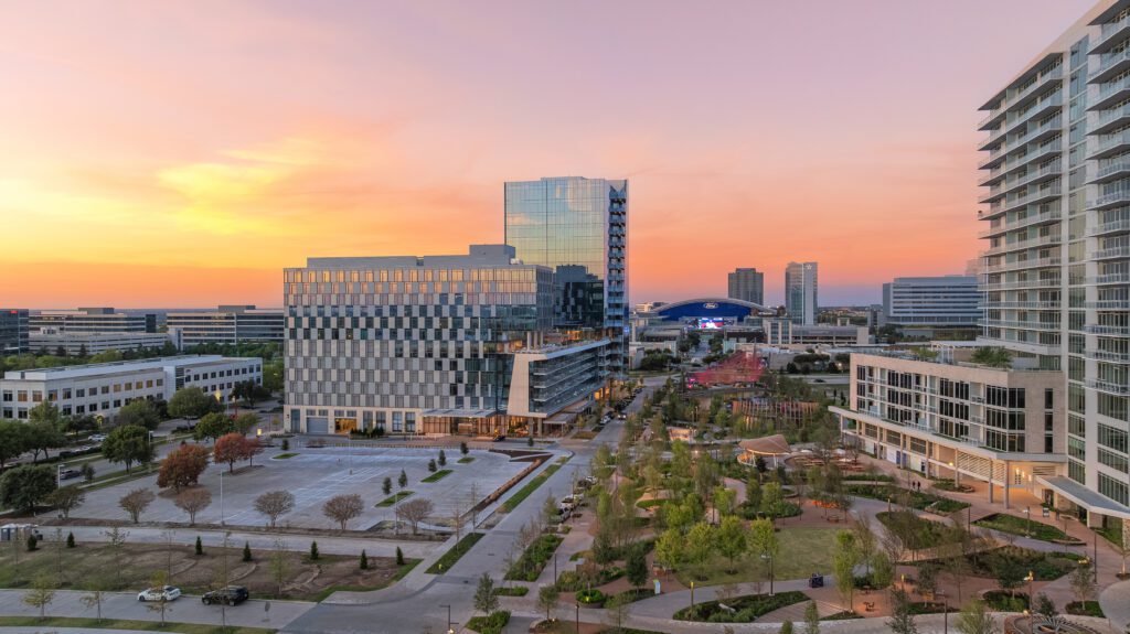 This year, Dallas developer Craig Hall (HALL Arts Hotel and HALL Arts Residences) expanded his 162-acre Frisco office park — aptly named HALL Park — to include a new hotel, art-centric green space, and office tower. (Courtesy)