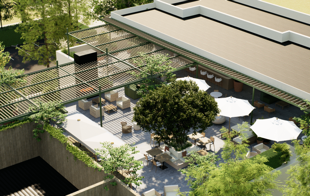 An aerial view of the roof of Houston's 55 Seventy private wine and social club (Photo by (Renderings courtesy of Gin Design Group))