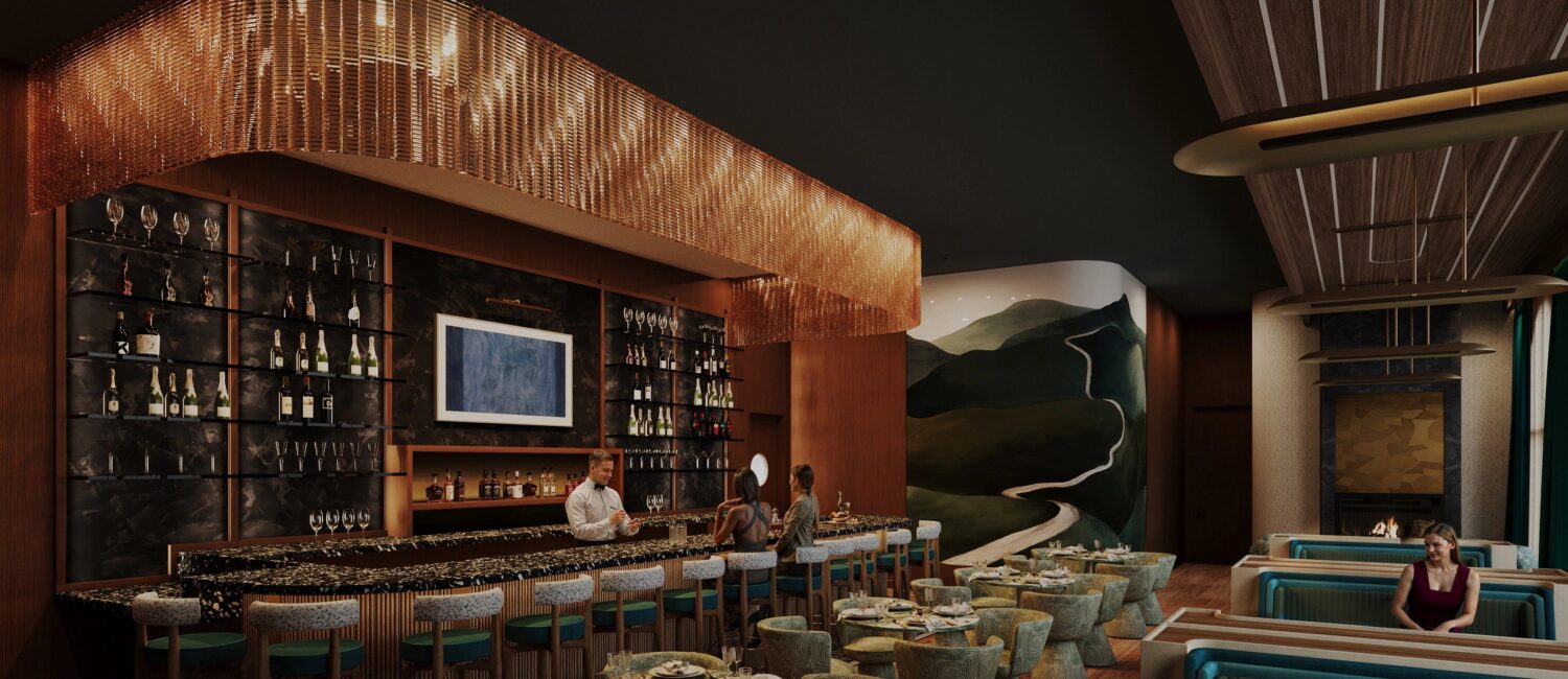 The bar in Houston’s 55 Seventy private wine and social club which is expected to open in the fall of 2026. (Rendering courtesy of Gin Design Group))