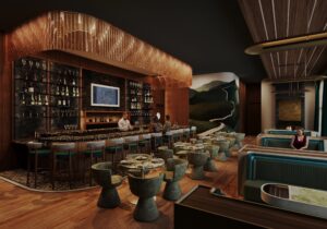 The bar in Houston’s 55 Seventy private wine and social club which is expected to open in the fall of 2026. (Rendering courtesy of Gin Design Group))
