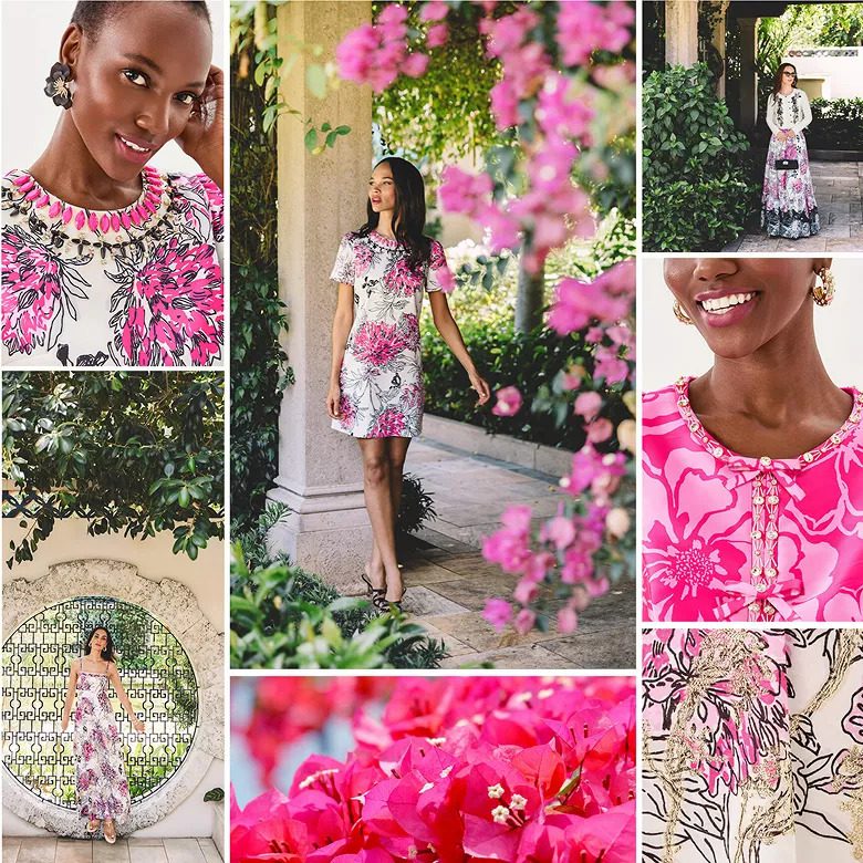 Lilly Pulitzer’s fall release features sumptuous fabrics like satin, cashmere, and sparkling jacquard that are all layered in floral prints. (Courtesy)