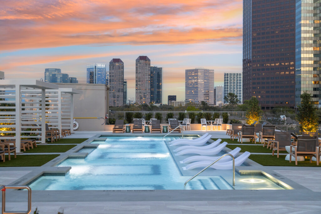The 67-foot lap pool with cabanas, fifth-floor resident lounge with catering kitchen, and fitness center with panoramic views address the lifestyle priorities valued by luxury clients.