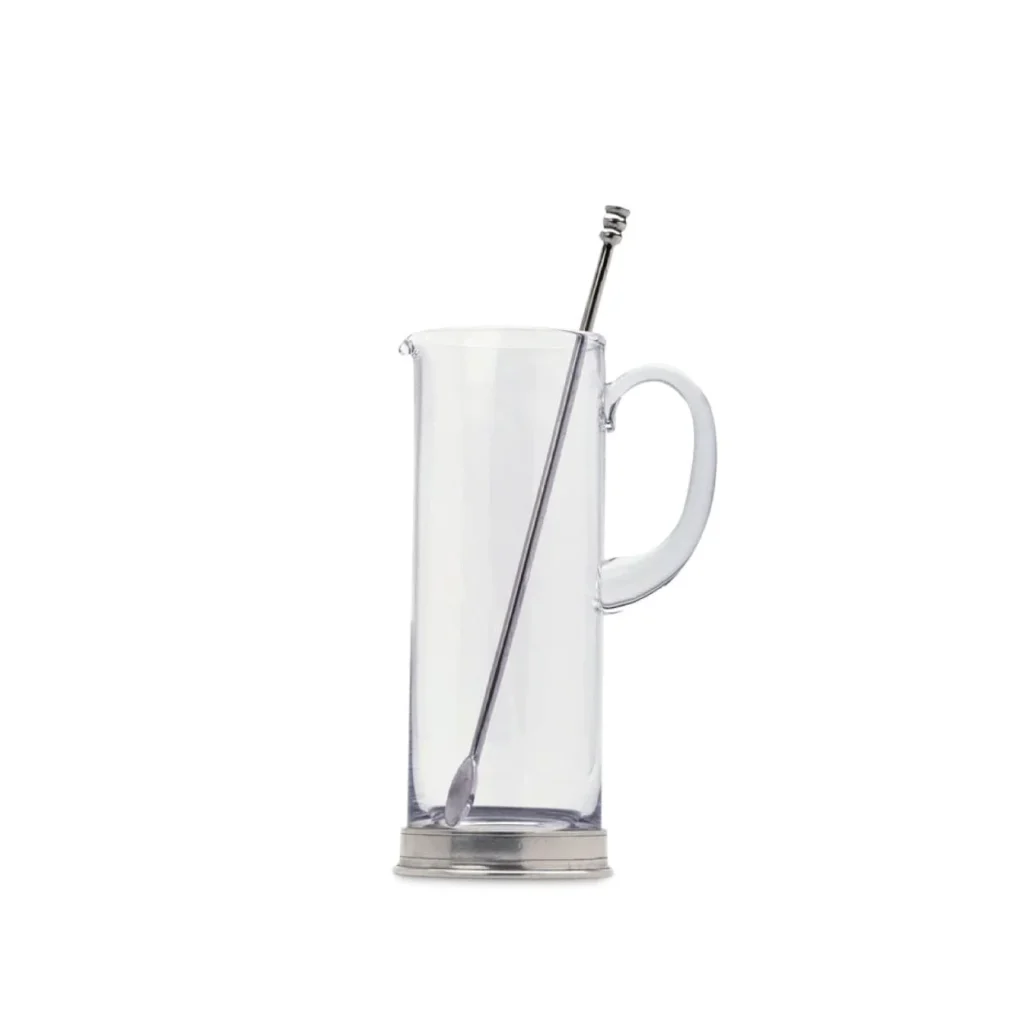 This glass and pewter martini pitcher has a pewter stirrer, for the perfect stirred martini.