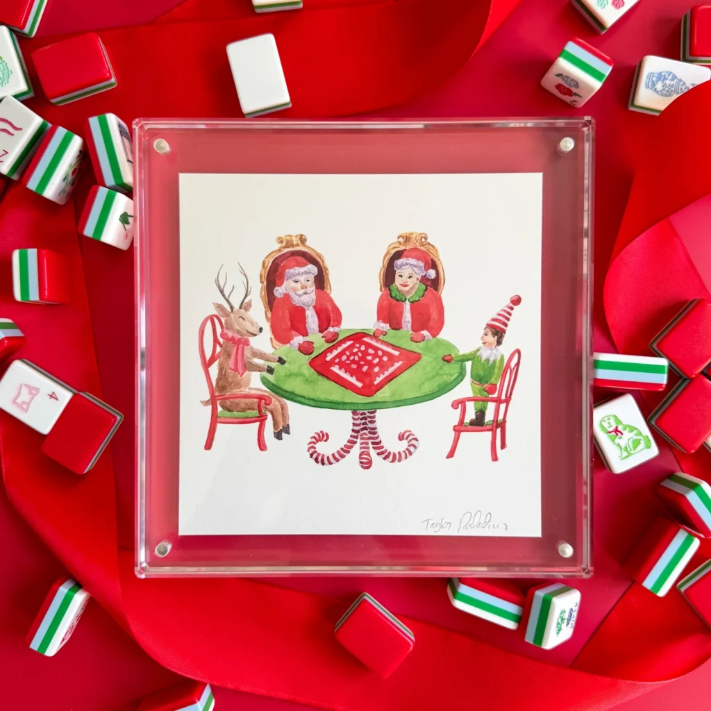 This watercolor holiday mahj illustration lets everyone know that mahj is on Santa's mind too.