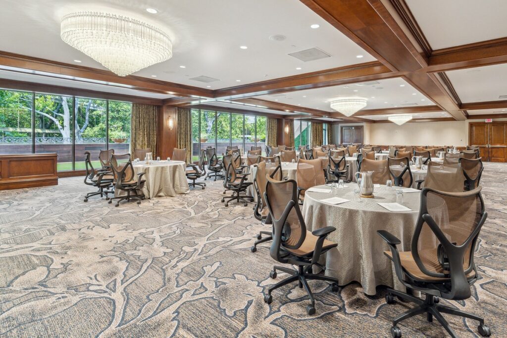 The Juniper Ballroom offers 3,680-square-feet of space, with natural light, wood ceiling beams, tapered crystal chandeliers, and an outdoor terrace spanning the length of the ballroom. (Photo by TK Images)