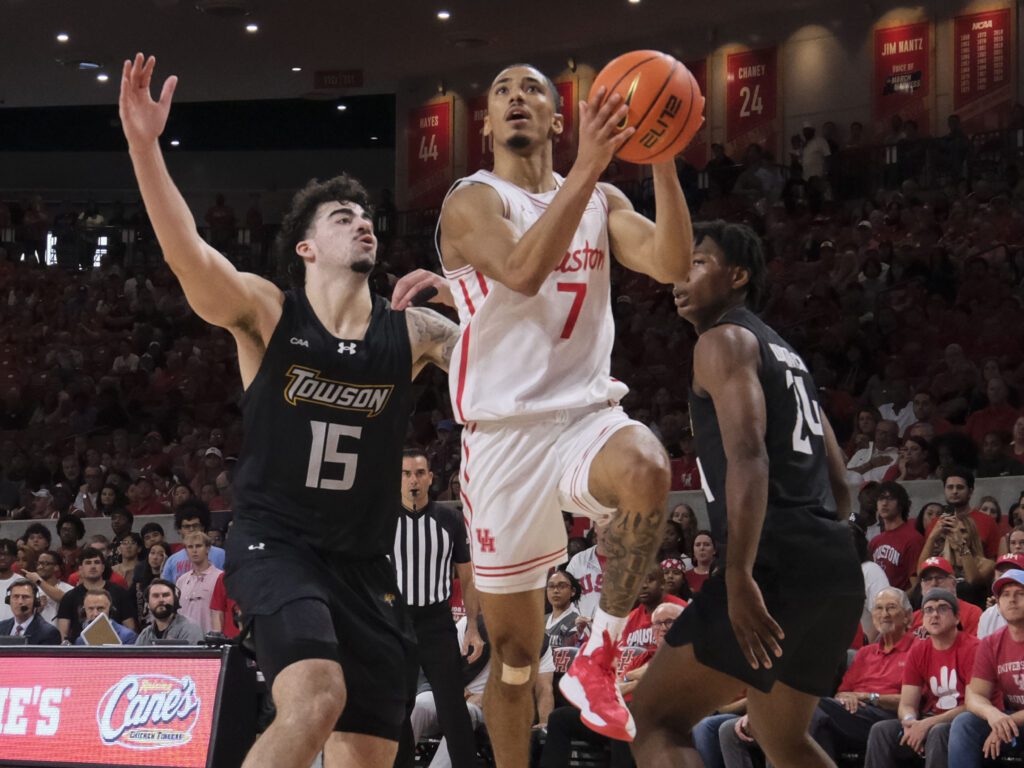 University of Houston point guard Milos Uzan can get to the basket. (Photo by F. Carter Smith)