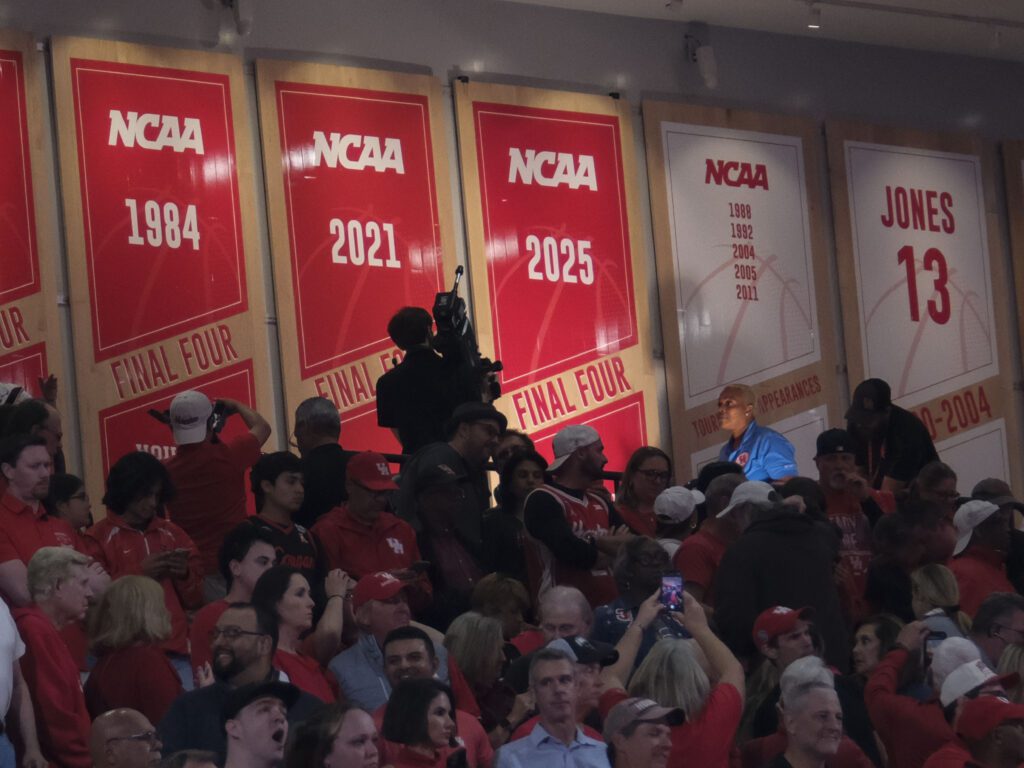 University of Houston's 2025 Final Four banner has taken its rightful place on the wall. (Photo by F. Carter Smith)