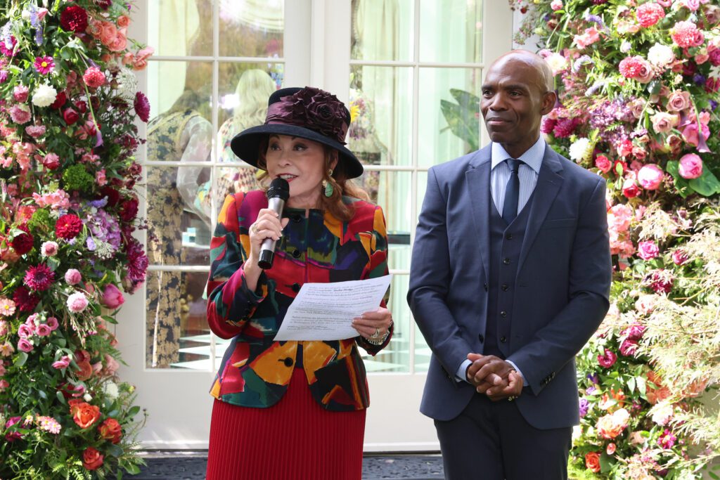 Hostess Rini Ziegler, David Webb's David Stout at the Houston Symphony garden tea party (Photo by Priscilla Dickson)