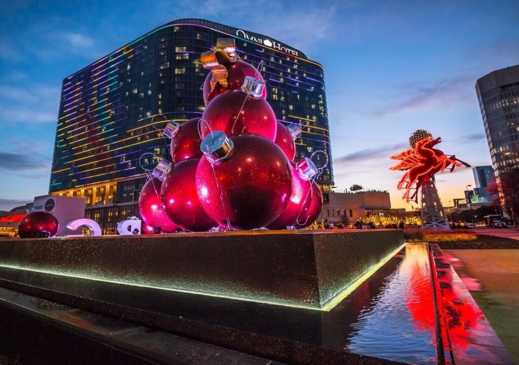 Swing by The Omni Dallas Hotel to see its traditional giant holiday ornaments on display on the lawn right next to the famous Pegasus