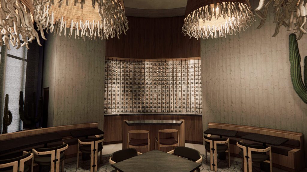 Dallas-based Coevál Studio led the interior design on the project creating an elegant-yet-relaxed space that
echoes the contemporary coastal direction of the concept as envisioned by Barrera and Gallegos. (Rendering courtesy of Puerto Cocina & Bar/Coeval Studio)