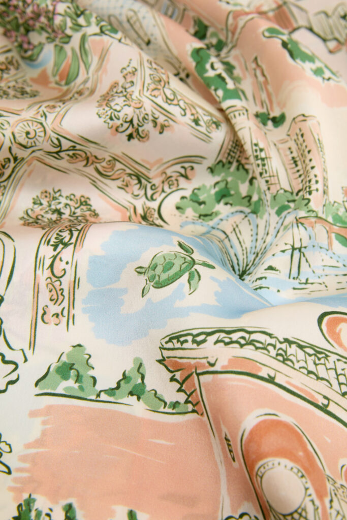 A charming, hand-drawn print, which "captures both the storied soul of the estate and the lively rhythm of Dallas itself," adorns each piece in the capsule. (Courtesy of Olivia Von Halle)