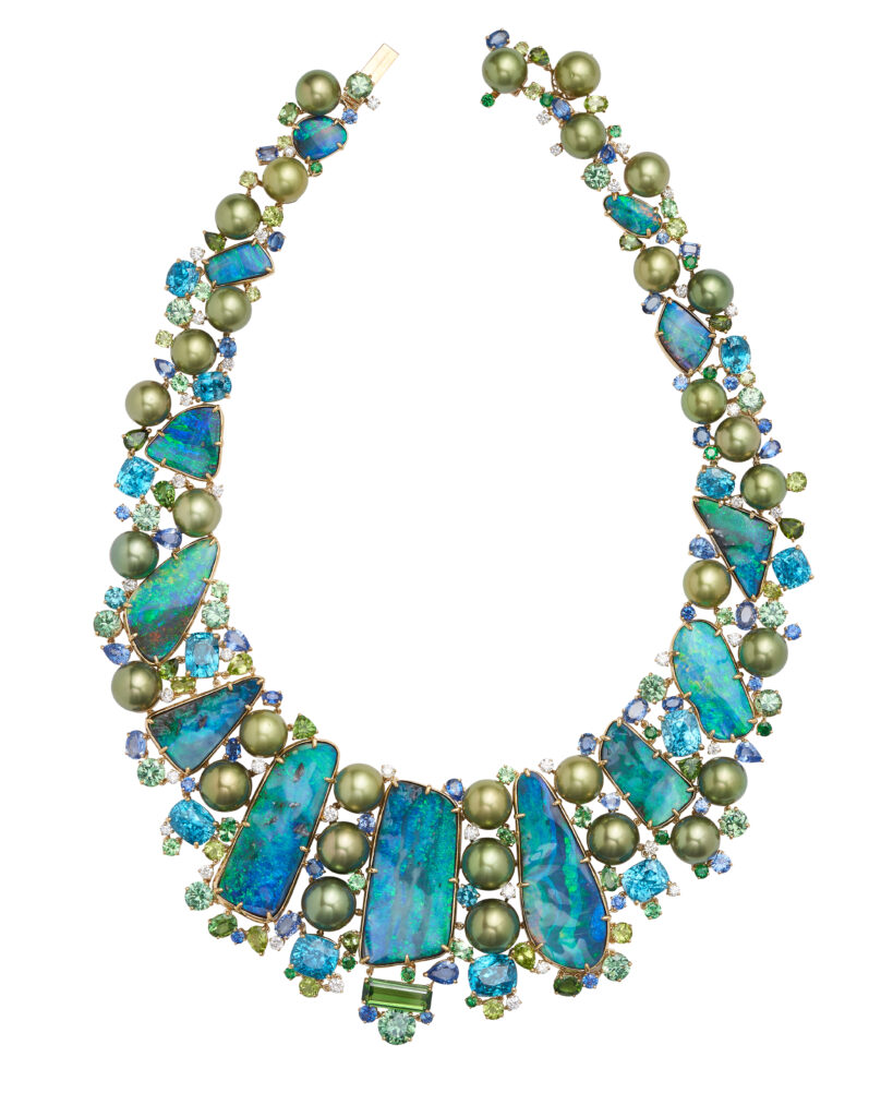 Margot McKinney Atoll
Collier in 18k yellow gold with Australian boulder opals, pistachio pearls,
green and blue tourmalines, diamonds, blue sapphires, tsavorites, peridots,
zircons, and demantoids. At Neiman Marcus; Margot McKinney boutique, Beverly Hills. 