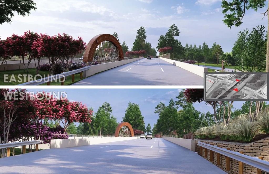 The roadway will feature extensive landscaping improvements on both the eastbound and westbound sides of Woodlands Parkway. (Illustration courtesy of LANDology)