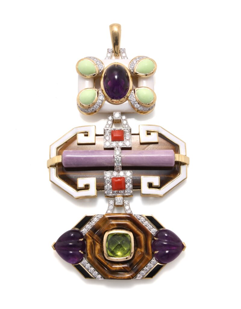David Webb Totem Collection, designed in the 1970s, has been reissued with green onyx, rubellite, blue, pink and orange sapphires, peridot, lapis, rhodonite, fire opal, brilliant-cut diamonds, aquamarine, and other luscious stones, in 18K gold and platinum, $96,000 – $145,000, at Neiman Marcus, Dallas; Saks Fifth Avenue, Houston; David Webb boutique in Beverly Hills, New York.
