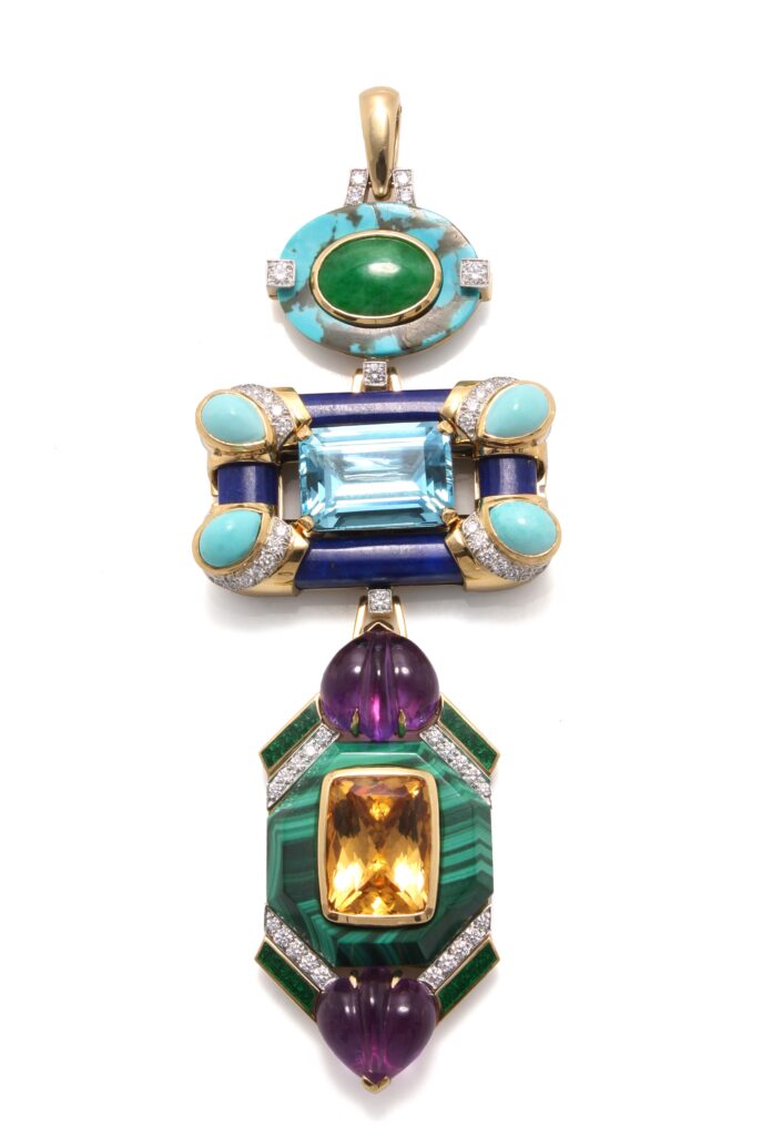 David Webb Totem Collection, designed in the 1970s, has been reissued with green onyx, rubellite, blue, pink and orange sapphires, peridot, lapis, rhodonite, fire opal, brilliant-cut diamonds, aquamarine, and other luscious stones, in 18K gold and platinum, $96,000 – $145,000, at Neiman Marcus, Dallas; Saks Fifth Avenue, Houston; David Webb boutique in Beverly Hills, New York.
