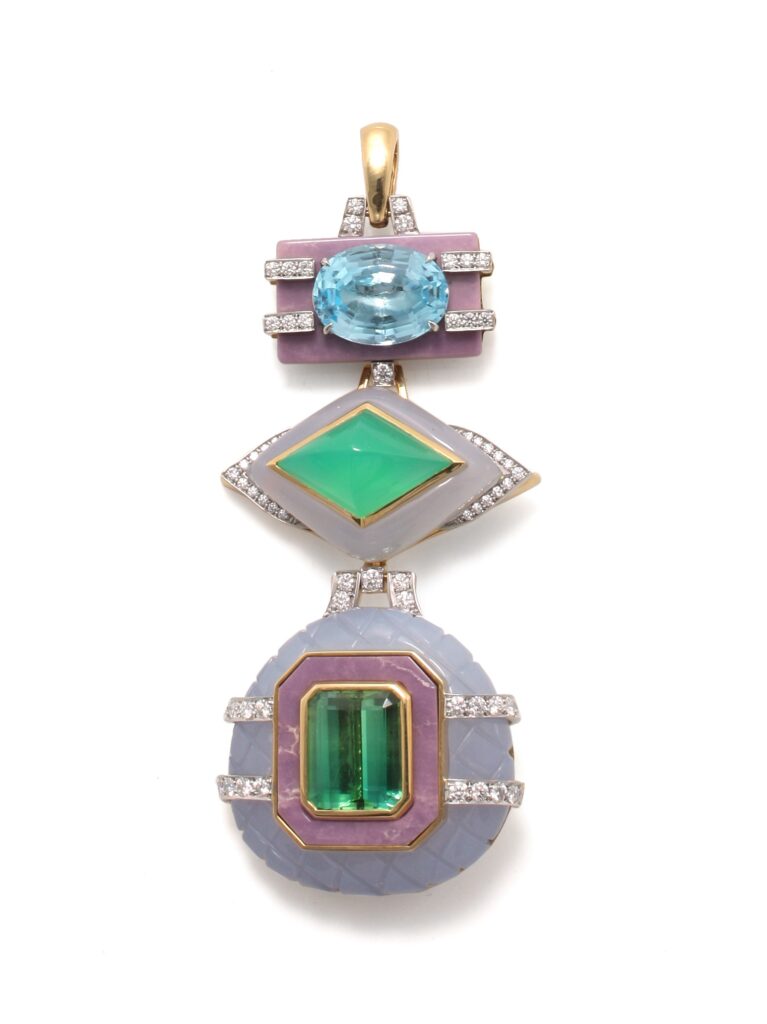 David Webb Totem Collection, designed in the 1970s, has been reissued with green onyx, rubellite, blue, pink and orange sapphires, peridot, lapis, rhodonite, fire opal, brilliant-cut diamonds, aquamarine, and other luscious stones, in 18K gold and platinum, $96,000 – $145,000, at Neiman Marcus, Dallas; Saks Fifth Avenue, Houston; David Webb boutique in Beverly Hills, New York.
