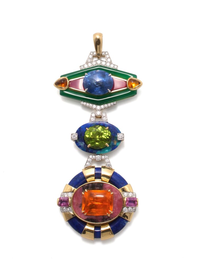 David Webb Totem Collection, designed in the 1970s, has been reissued with green onyx, rubellite, blue, pink and orange sapphires, peridot, lapis, rhodonite, fire opal, brilliant-cut diamonds, aquamarine, and other luscious stones, in 18K gold and platinum, $96,000 – $145,000, at Neiman Marcus, Dallas; Saks Fifth Avenue, Houston; David Webb boutique in Beverly Hills, New York.
