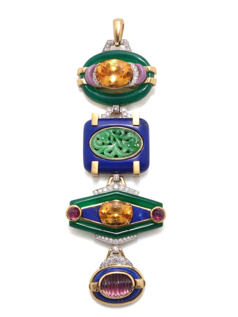 David Webb Totem Collection, designed in the 1970s, has been reissued with green onyx, rubellite, blue, pink and orange sapphires, peridot, lapis, rhodonite, fire opal, brilliant-cut diamonds, aquamarine, and other luscious stones, in 18K gold and platinum, $96,000 – $145,000, at Neiman Marcus, Dallas; Saks Fifth Avenue, Houston; David Webb boutique in Beverly Hills, New York.

