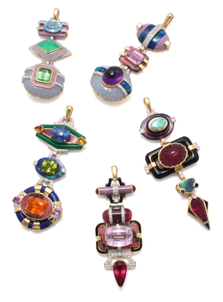David Webb Totem Collection, designed in the 1970s, has been reissued with green onyx, rubellite, blue, pink and orange sapphires, peridot, lapis, rhodonite, fire opal, brilliant-cut diamonds, aquamarine, and other luscious stones, in 18K gold and platinum, $96,000 – $145,000, at Neiman Marcus, Dallas; Saks Fifth Avenue, Houston; David Webb boutique in Beverly Hills, New York.