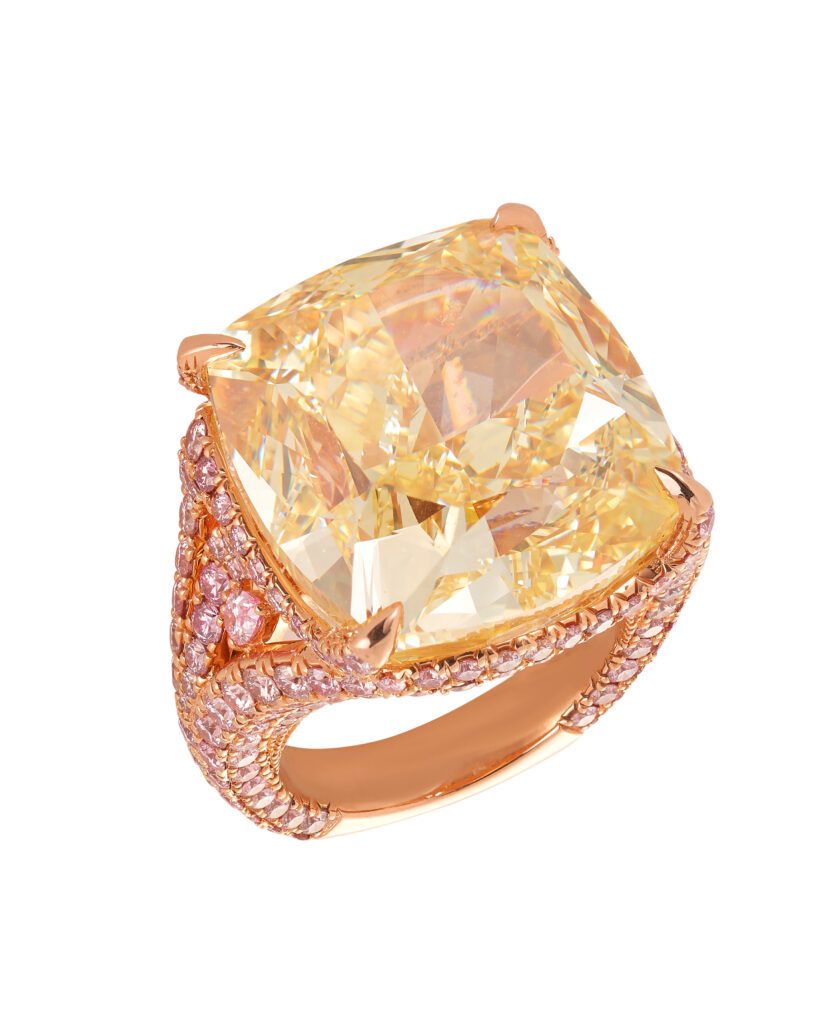 Margot McKinney Seraph ring with 41.71-carat fancy-yellow, cushion-cut yellow diamond and 4.47 carats of argyle pink diamonds — one of the rarest diamond types in the world, sourced from the now-shuttered Argyle mine in remote northwest Australia, made for the benefit of Fort Worth’s Jewel Charity Ball on March 7, 2026.