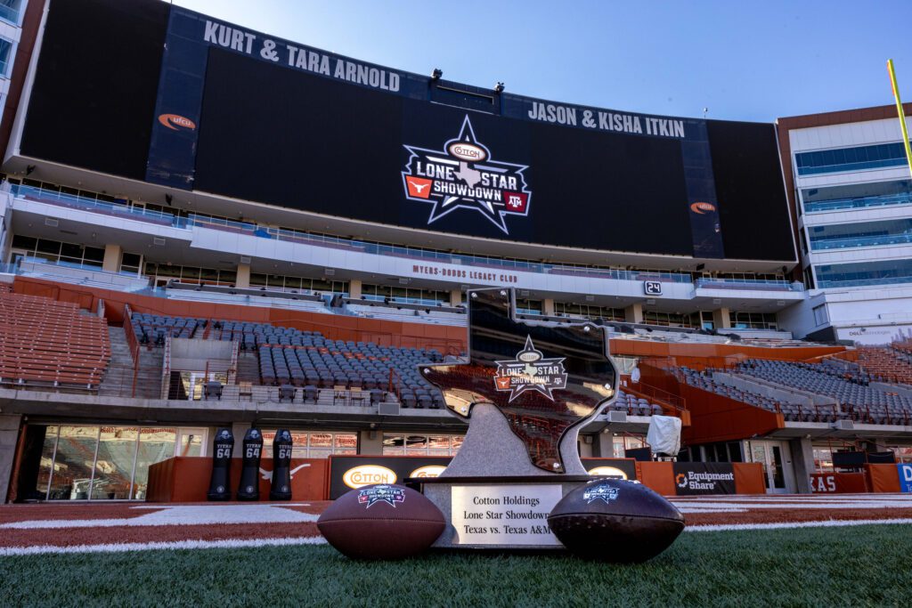 Cotton Holdings Lone Star Showdown Trophy on the field at the Darryl  K. Royal Texas Memorial Stadium (Photo  Courtesy of Cotton Holdings) (Photo by Courtesy of Cotton Holdings)