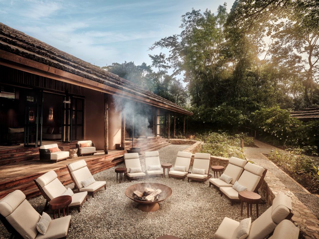 After trekking, guests return to Gorilla Forest Lodge to trade stories and unwind in the quiet forest setting