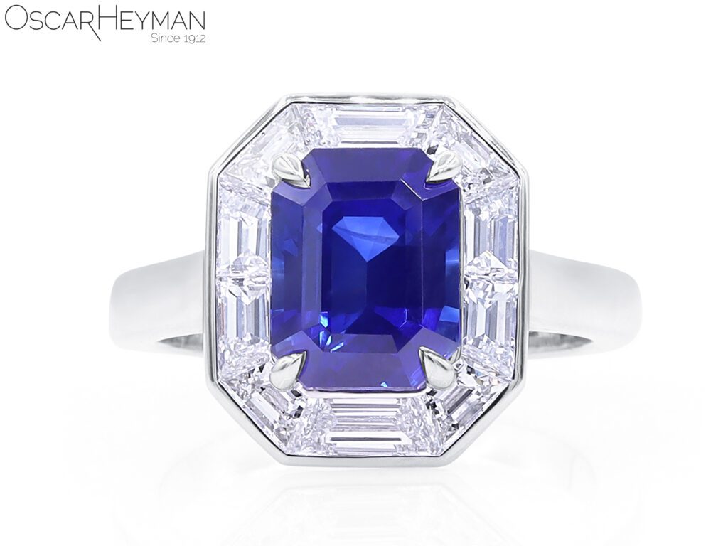 Sapphire, diamond and platinum frame ring, from the current collection at Tenenbaum Jewelers